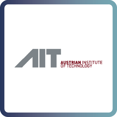 A tile with dark blue border and white background containing the logo of the Austria Institute of Technology (AIT)