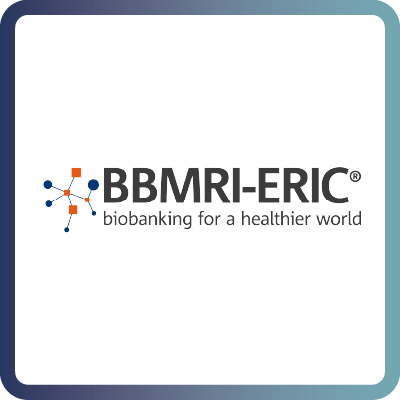 A tile with dark blue border and white background containing the logo of BBMRI-ERIC