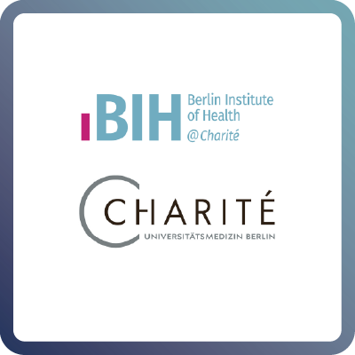 A tile with dark blue border and white background containing the logo of Charite Berlin