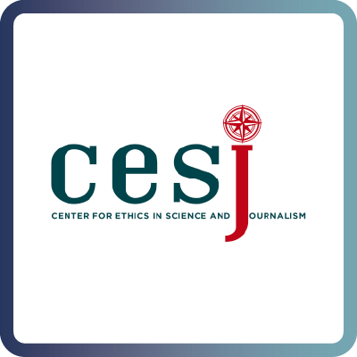 A tile with dark blue border and white background containing the logo of the Center for Ethics in Science and Journalism