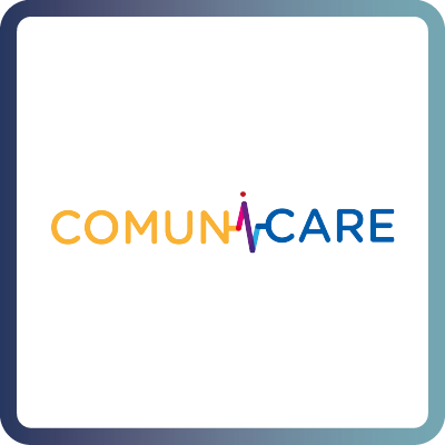 A tile with dark blue border and white background containing the logo of ComuniCare