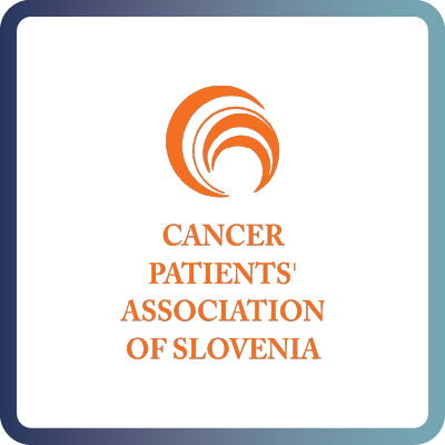A tile with dark blue border and white background containing the logo of the Cancer Patientsâ Association of Slovenia (CPAS)