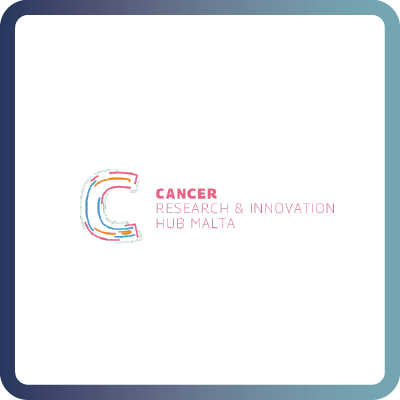A tile with dark blue border and white background containing the logo of the Cancer Research and Innovation Hub Malta (CRIHM)