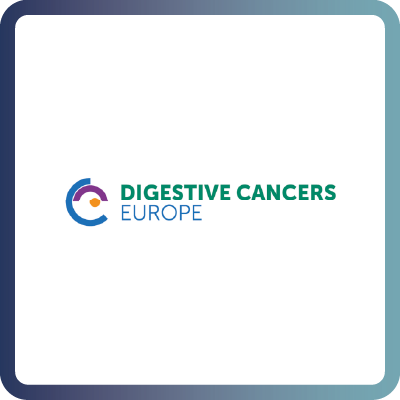 A tile with dark blue border and white background containing the logo of Digestive Cancers Europe
