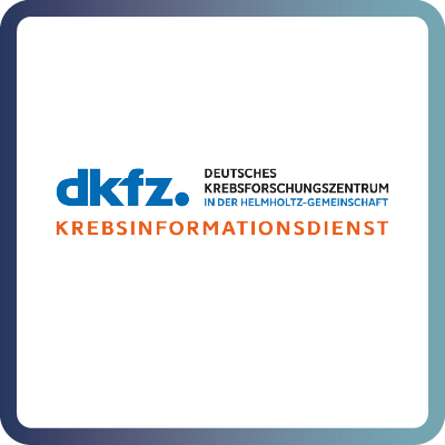 A tile with dark blue border and white background containing the logo of the Cancer Information Service (CIS) at the German Cancer Research Center (DKFZ)