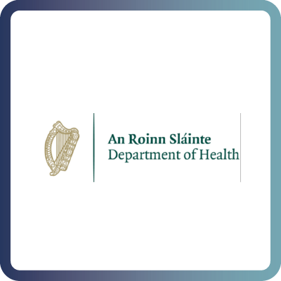 A tile with dark blue border and white background containing the logo of the Irish Department of Health (DoHIE)