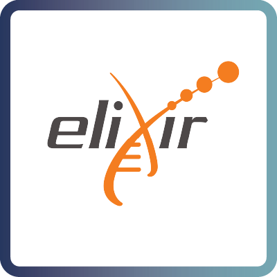 A tile with dark blue border and white background containing the logo of the European research infrastructure ELIXIR