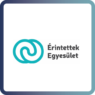 A tile with dark blue border and white background containing the logo of the Ărintettek Parentsâ Association for the families involved in childhood cancer (ERT)