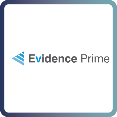 A tile with dark blue border and white background containing the logo of Evidence Prime