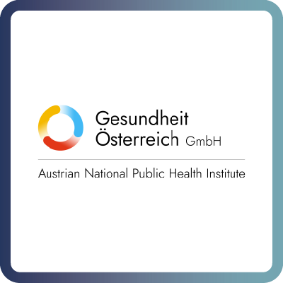 A tile with dark blue border and white background containing the logo of the Gesundheit Ăsterreich GmbH