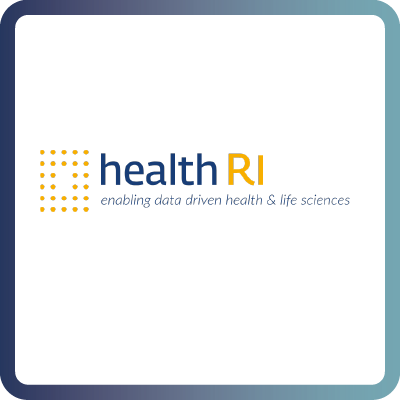 A tile with dark blue border and white background containing the logo of Health-RI (HRI)
