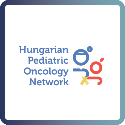 A tile with dark blue border and white background containing the logo of the Hungarian Pediatric Oncology Network (HuPON)