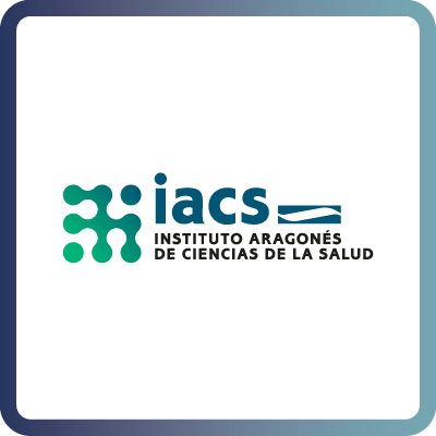 A tile with dark blue border and white background containing the logo of the Aragon Health Sciences Institute (IACS)