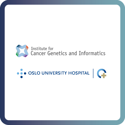 A tile with dark blue border and white background containing the logo of the Institute for Cancer Genetics and Informatics (ICGI) at Oslo University Hospital