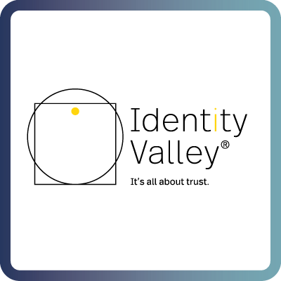 A tile with dark blue border and white background containing the logo of the Identity Valley (IDV)