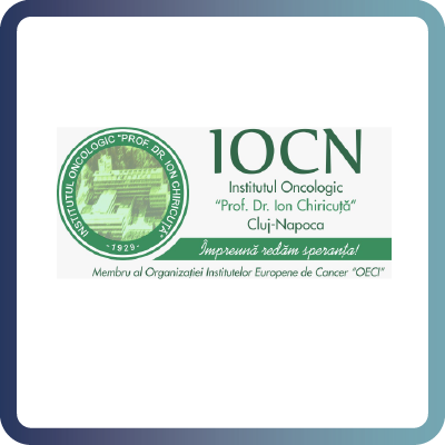 A tile with dark blue border and white background containing the logo of The Institute of Oncology