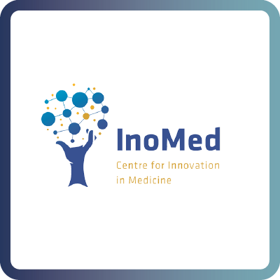 A tile with dark blue border and white background containing the logo of the Centre for Innovation in Medicine (INOMED)