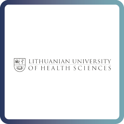 A tile with dark blue border and white background containing the logo of the Lithuanian University of Health Sciences (LSMU)