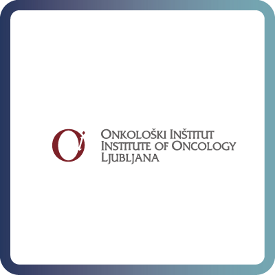 A tile with dark blue border and white background containing the logo of the Institute of Oncology Ljubljana (OIL)