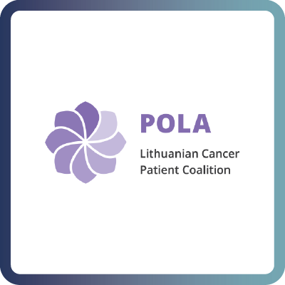 A tile with dark blue border and white background containing the logo of the Lithuanian Cancer Patient Coalition (POLA)