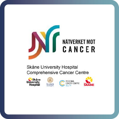 A tile with dark blue border and white background containing the logo of the Swedish Network against Cancer â Nätverket mot cancer (NMC)