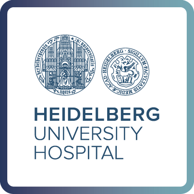 A tile with dark blue border and white background containing the logo of the University Hospital Heidelberg
