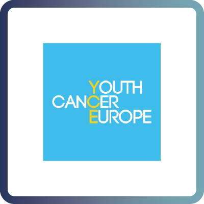A tile with dark blue border and white background containing Youth Cancer Europe (YCE)