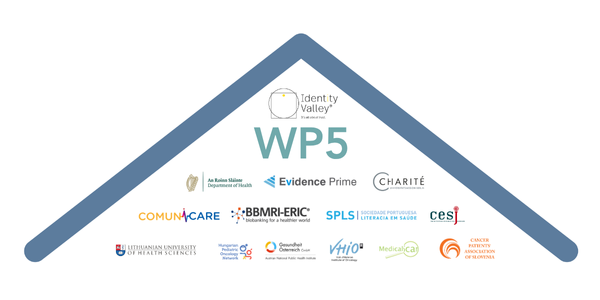 A symbolised roof in blue sits below the text "WP5" and a group of logos from involved organisations.