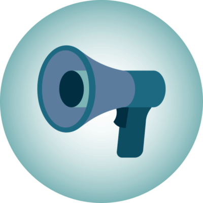 A drawn megaphone in shades of blue and green positioned in a light teal circle.
