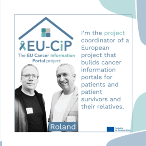 A still from the video showing black and white images of two men, the EU-CiP logo and subtitles to the side