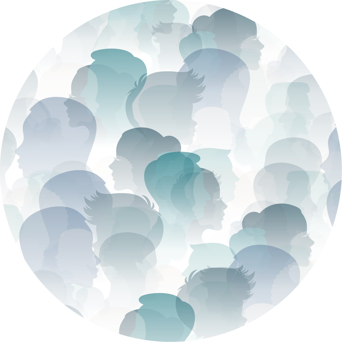 A circular graphic with many silhouettes of faces in different colours inside.