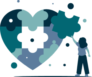 A cartoon person putting an oversized puzzle piece into a heart-shaped puzzle missing the centre piece.