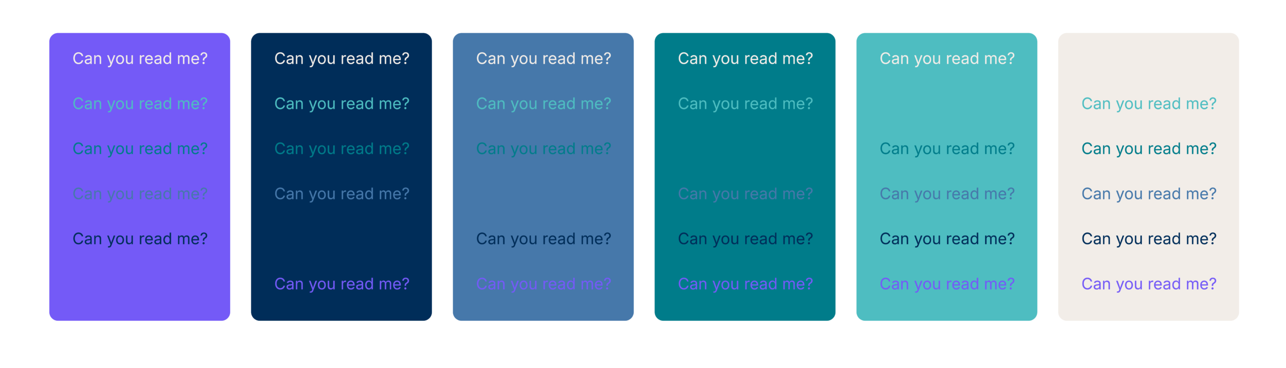 The line "can you read me?" in the new EU-CiP brand colours written on different backgrounds to show readable and non-readable colour combinations.